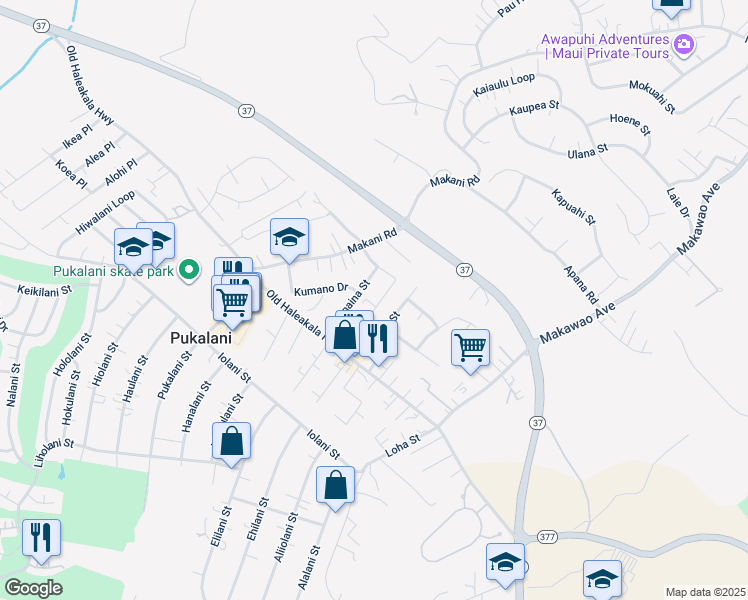 map of restaurants, bars, coffee shops, grocery stores, and more near 3344 Kihapai Place in Makawao