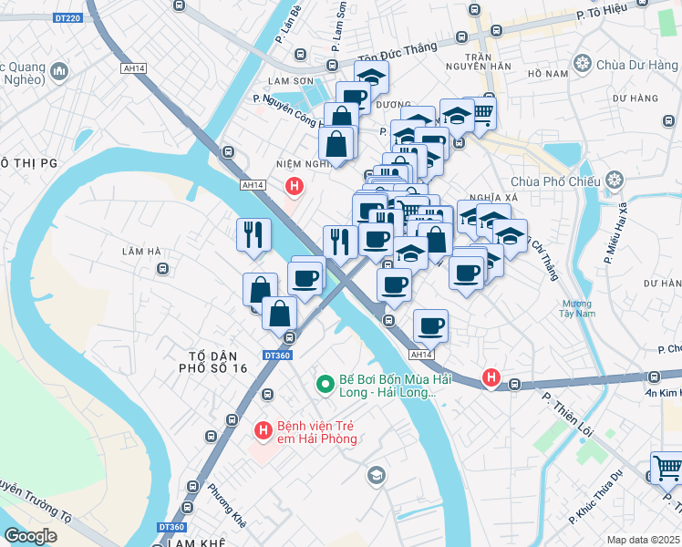 map of restaurants, bars, coffee shops, grocery stores, and more near 734 Nguyễn Văn Linh in Lê Chân