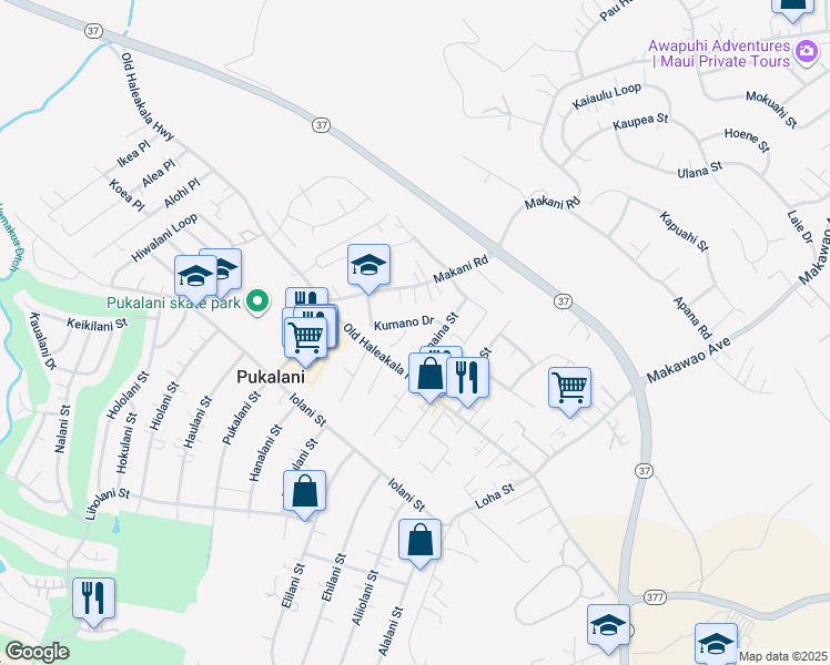 map of restaurants, bars, coffee shops, grocery stores, and more near 96 Kumano Drive in Makawao