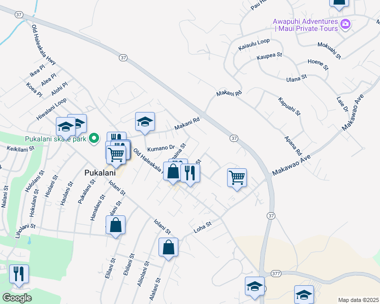 map of restaurants, bars, coffee shops, grocery stores, and more near 3336 Kihapai Place in Makawao