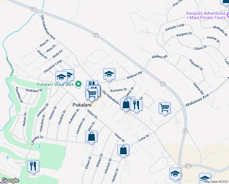 map of restaurants, bars, coffee shops, grocery stores, and more near 64 Kumano Drive in Makawao