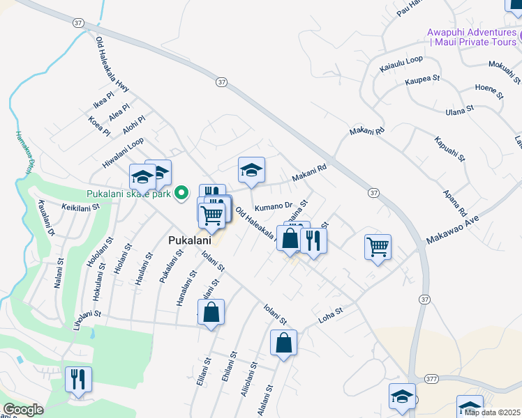 map of restaurants, bars, coffee shops, grocery stores, and more near 66 Kumano Drive in Makawao