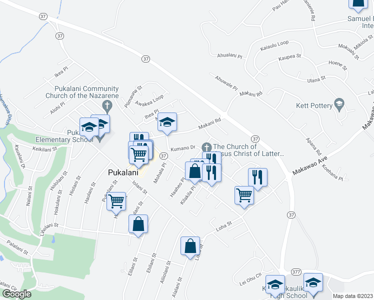 map of restaurants, bars, coffee shops, grocery stores, and more near 96 Kumano Drive in Makawao