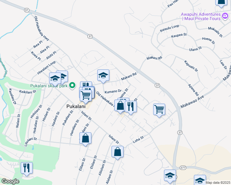 map of restaurants, bars, coffee shops, grocery stores, and more near 96 Kumano Drive in Makawao