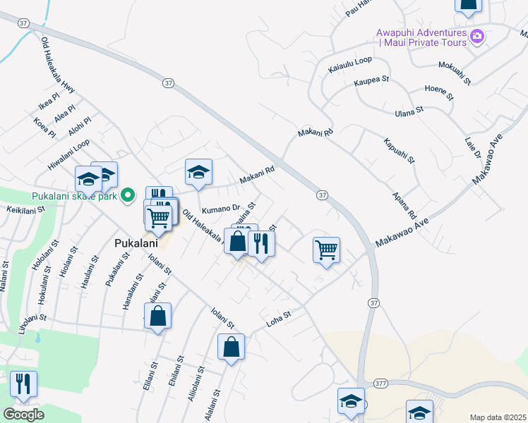 map of restaurants, bars, coffee shops, grocery stores, and more near 3326 Kihapai Place in Makawao