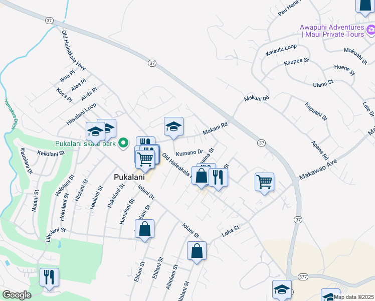 map of restaurants, bars, coffee shops, grocery stores, and more near 81 Kumano Drive in Makawao