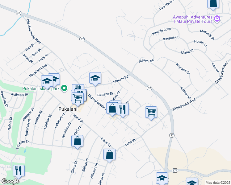map of restaurants, bars, coffee shops, grocery stores, and more near 129 Kumano Drive in Makawao