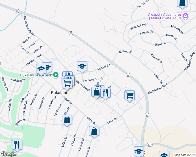 map of restaurants, bars, coffee shops, grocery stores, and more near 125 Kumano Drive in Makawao