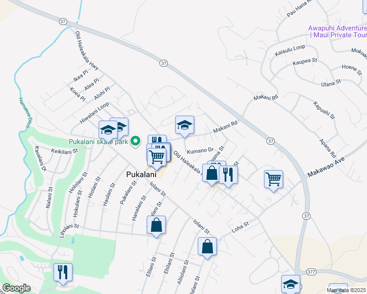 map of restaurants, bars, coffee shops, grocery stores, and more near 20 Kumano Drive in Makawao