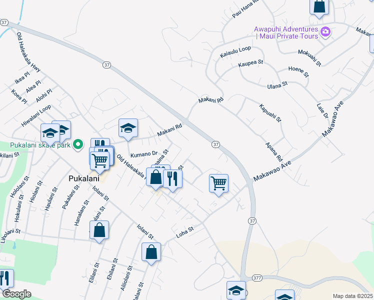 map of restaurants, bars, coffee shops, grocery stores, and more near 3301 Kihapai Place in Makawao
