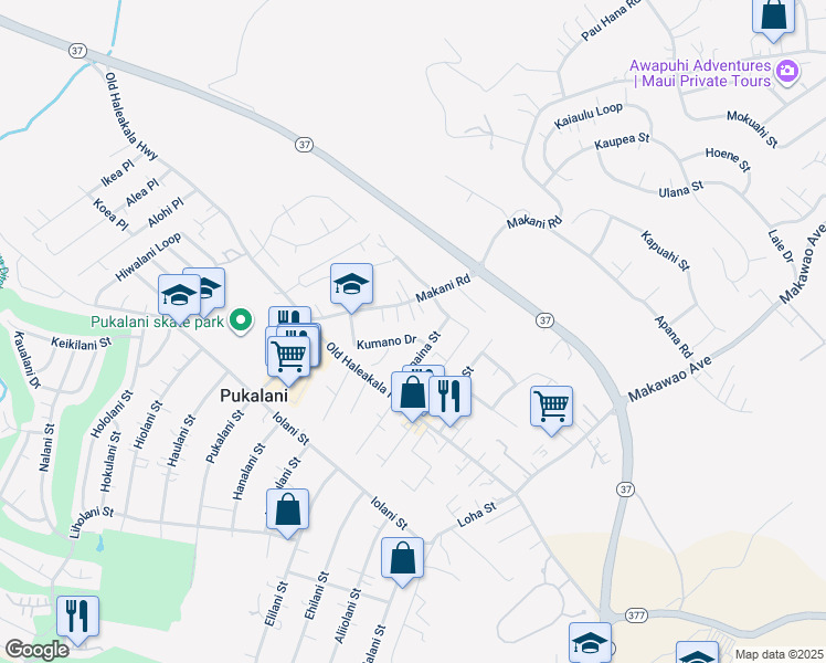map of restaurants, bars, coffee shops, grocery stores, and more near 125 Kumano Drive in Makawao