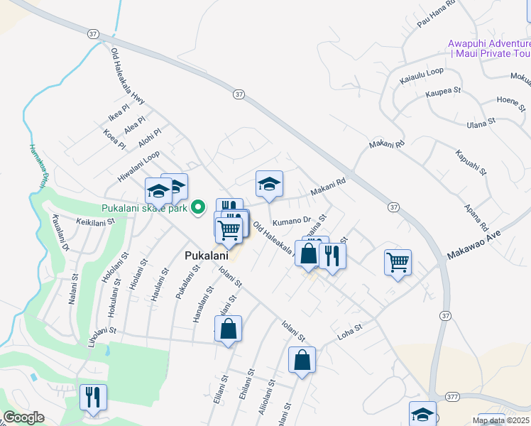 map of restaurants, bars, coffee shops, grocery stores, and more near 20 Kumano Drive in Makawao