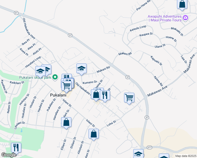 map of restaurants, bars, coffee shops, grocery stores, and more near 129 Kumano Drive in Makawao