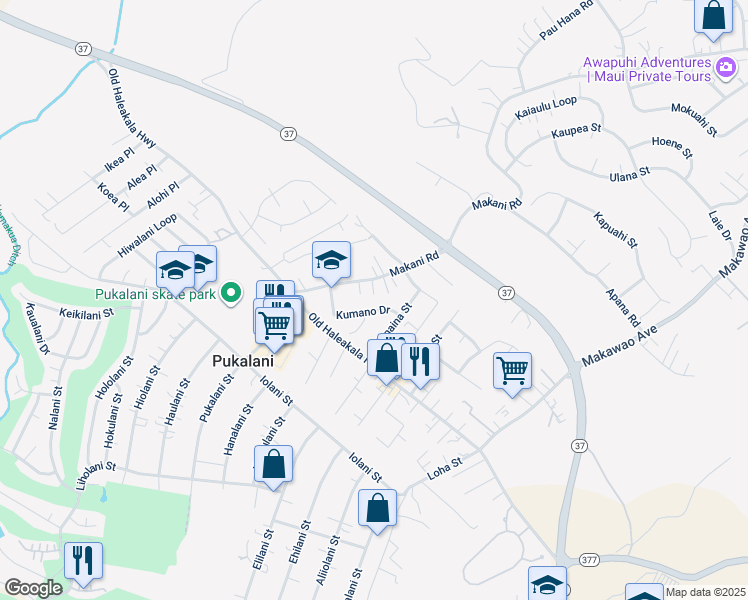 map of restaurants, bars, coffee shops, grocery stores, and more near 953 Makani Road in Makawao
