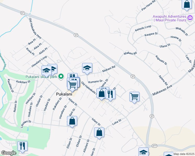map of restaurants, bars, coffee shops, grocery stores, and more near 953 Makani Road in Makawao