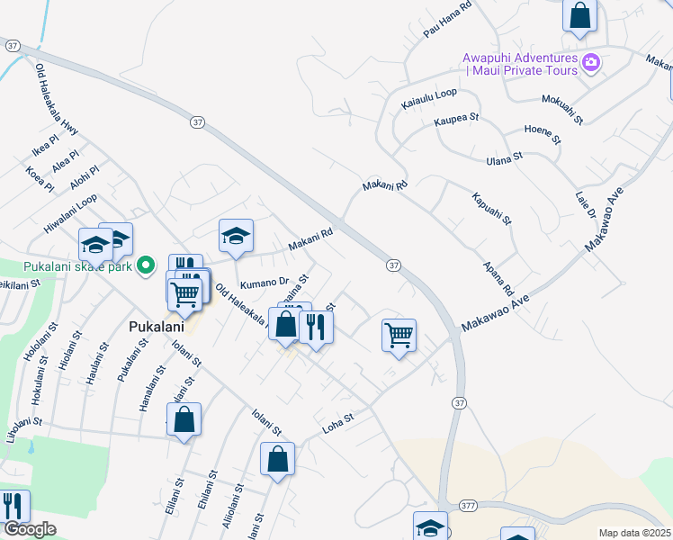 map of restaurants, bars, coffee shops, grocery stores, and more near 3299 Kihapai Place in Makawao
