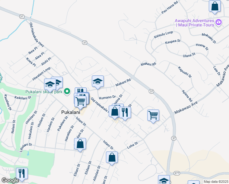map of restaurants, bars, coffee shops, grocery stores, and more near 893 Makani Road in Makawao