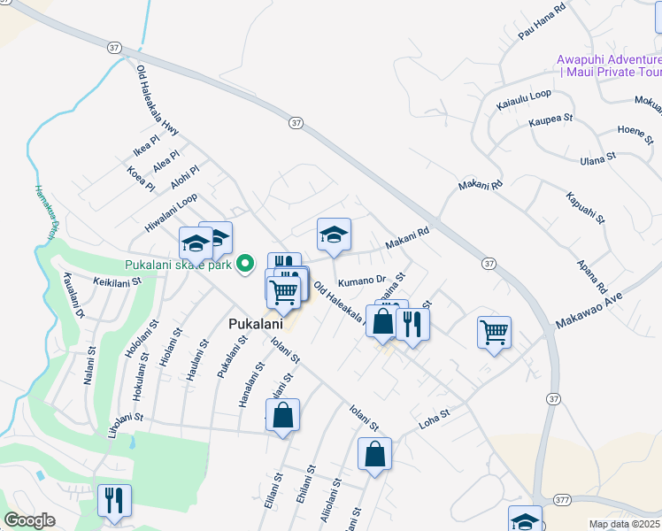 map of restaurants, bars, coffee shops, grocery stores, and more near 10 Kumano Drive in Makawao