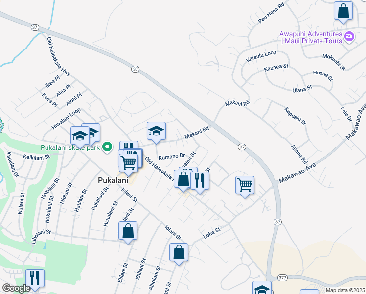 map of restaurants, bars, coffee shops, grocery stores, and more near 893 Makani Road in Makawao