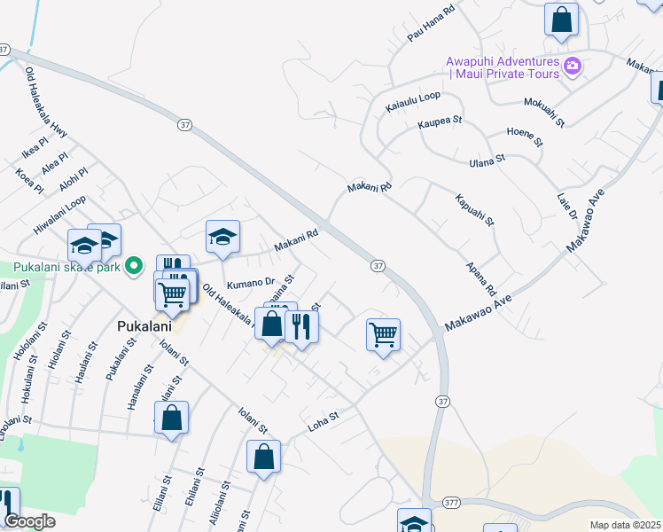 map of restaurants, bars, coffee shops, grocery stores, and more near 156 Tam Yau Place in Makawao