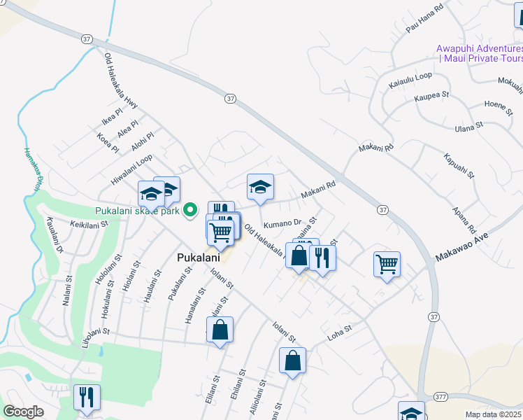 map of restaurants, bars, coffee shops, grocery stores, and more near in Pukalani