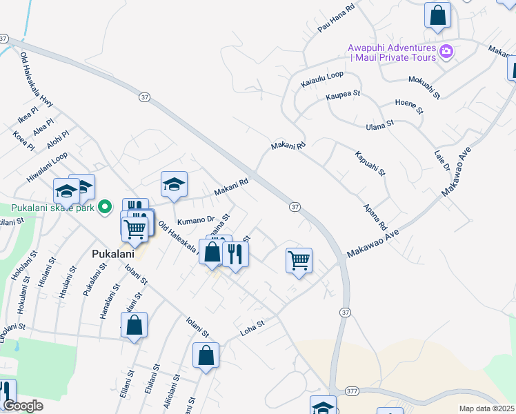 map of restaurants, bars, coffee shops, grocery stores, and more near 156 Tam Yau Place in Makawao