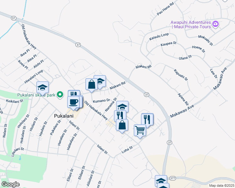 map of restaurants, bars, coffee shops, grocery stores, and more near 3260 Kihapai Place in Makawao