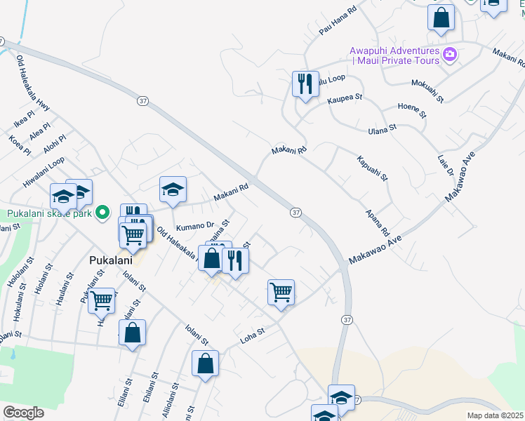 map of restaurants, bars, coffee shops, grocery stores, and more near 168 Tam Yau Place in Makawao