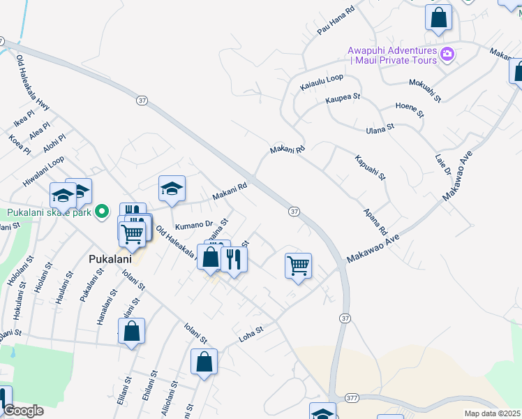map of restaurants, bars, coffee shops, grocery stores, and more near 168 Tam Yau Place in Makawao