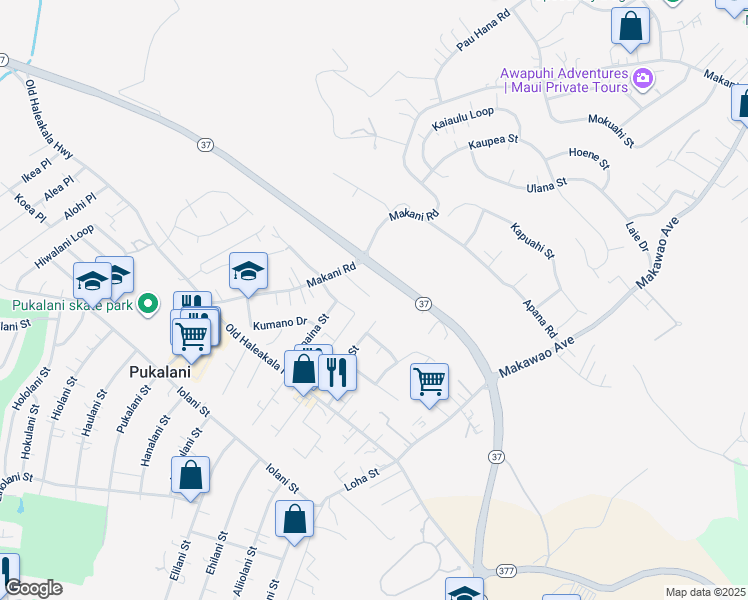 map of restaurants, bars, coffee shops, grocery stores, and more near 164 Tam Yau Place in Makawao