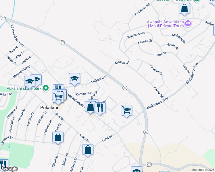 map of restaurants, bars, coffee shops, grocery stores, and more near 148 Tam Yau Place in Makawao