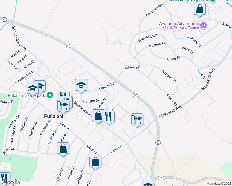 map of restaurants, bars, coffee shops, grocery stores, and more near 148 Tam Yau Place in Makawao
