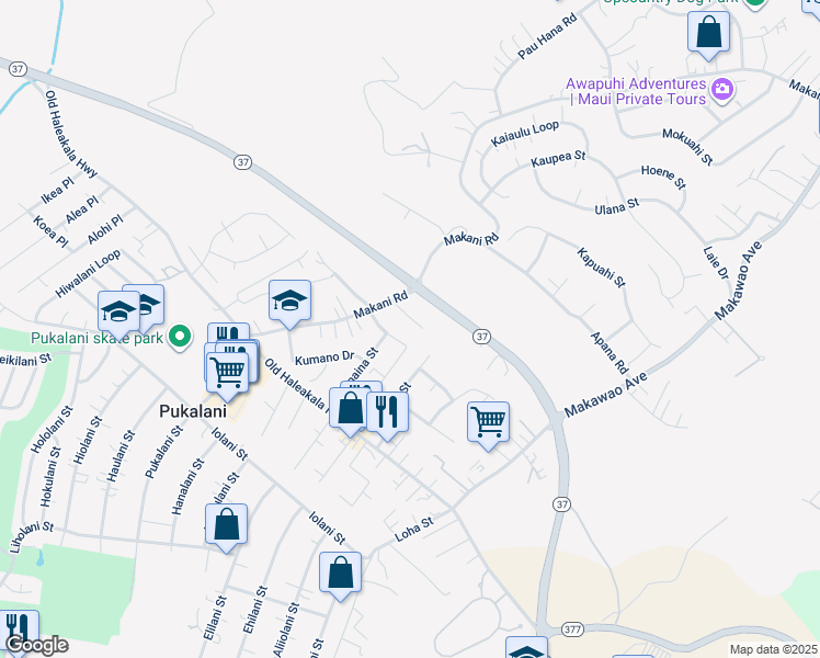 map of restaurants, bars, coffee shops, grocery stores, and more near 144 Tam Yau Place in Makawao
