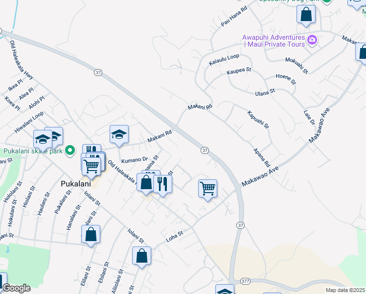 map of restaurants, bars, coffee shops, grocery stores, and more near 159 Tam Yau Place in Makawao