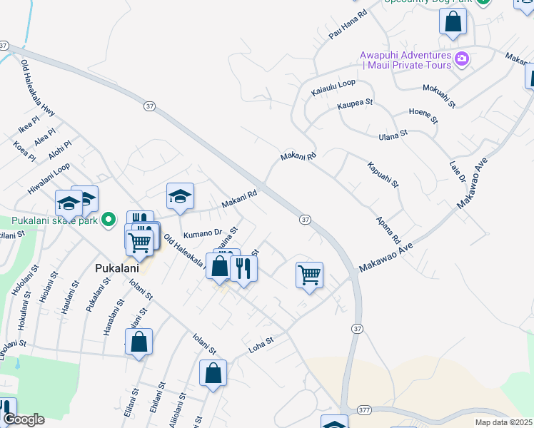 map of restaurants, bars, coffee shops, grocery stores, and more near 164 Tam Yau Place in Makawao