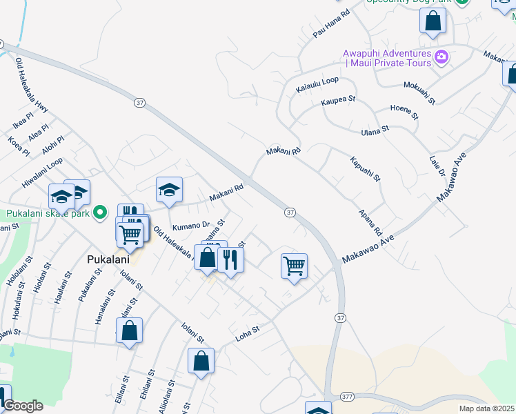 map of restaurants, bars, coffee shops, grocery stores, and more near 159 Tam Yau Place in Makawao
