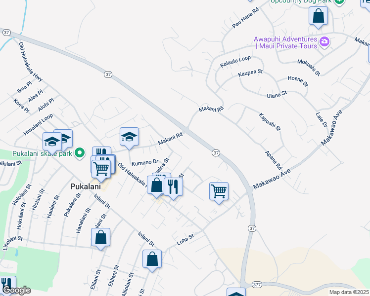 map of restaurants, bars, coffee shops, grocery stores, and more near 144 Tam Yau Place in Makawao