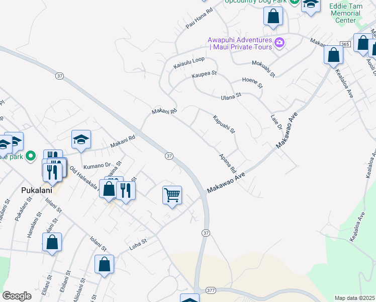 map of restaurants, bars, coffee shops, grocery stores, and more near Makani Road in Makawao