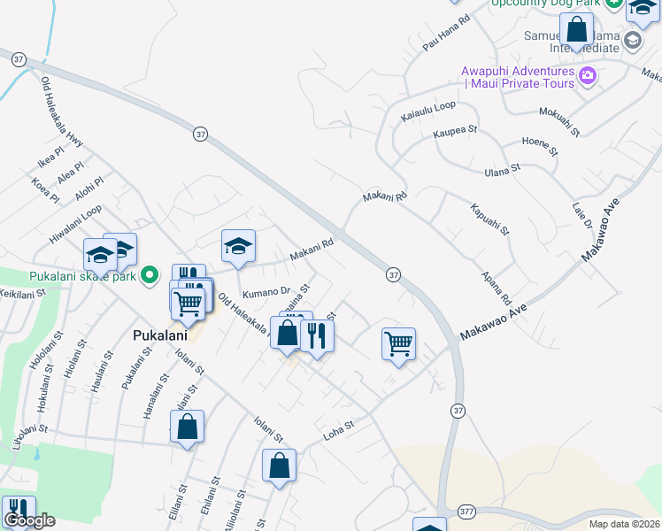 map of restaurants, bars, coffee shops, grocery stores, and more near 136 Tam Yau Place in Makawao