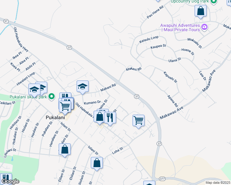 map of restaurants, bars, coffee shops, grocery stores, and more near 136 Tam Yau Place in Makawao