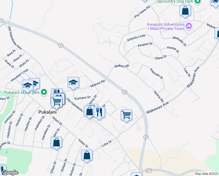 map of restaurants, bars, coffee shops, grocery stores, and more near 147 Tam Yau Place in Makawao