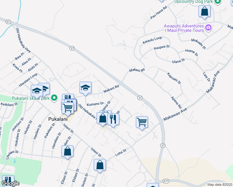 map of restaurants, bars, coffee shops, grocery stores, and more near 128 Tam Yau Place in Makawao
