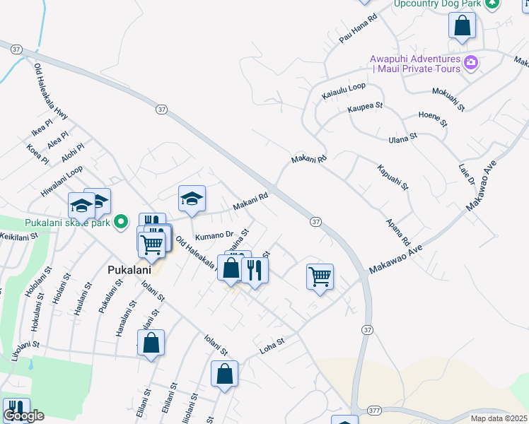 map of restaurants, bars, coffee shops, grocery stores, and more near 132 Tam Yau Place in Makawao