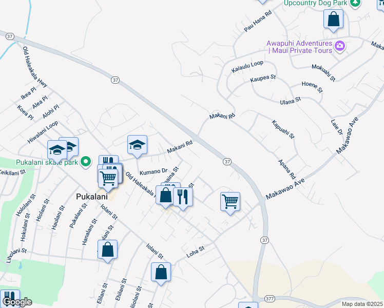 map of restaurants, bars, coffee shops, grocery stores, and more near 132 Tam Yau Place in Makawao