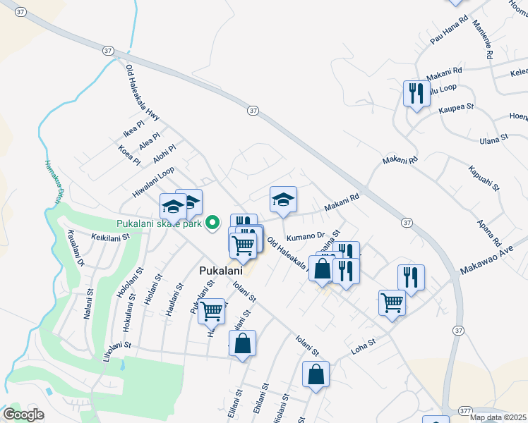 map of restaurants, bars, coffee shops, grocery stores, and more near 26 Moku Place in Pukalani