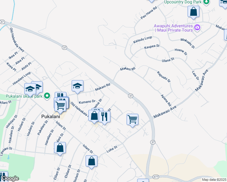 map of restaurants, bars, coffee shops, grocery stores, and more near 139 Tam Yau Place in Makawao