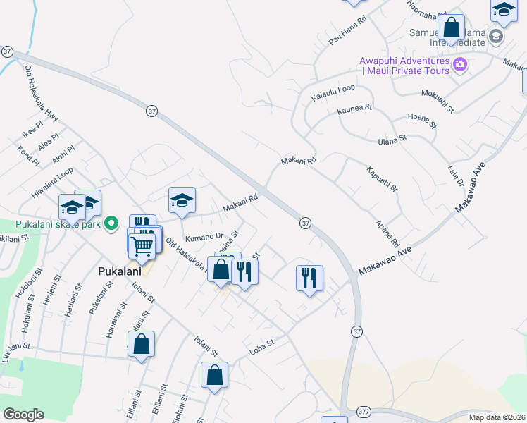 map of restaurants, bars, coffee shops, grocery stores, and more near 139 Tam Yau Place in Makawao
