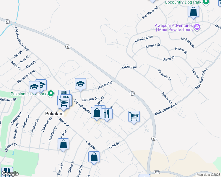 map of restaurants, bars, coffee shops, grocery stores, and more near 124 Tam Yau Place in Makawao