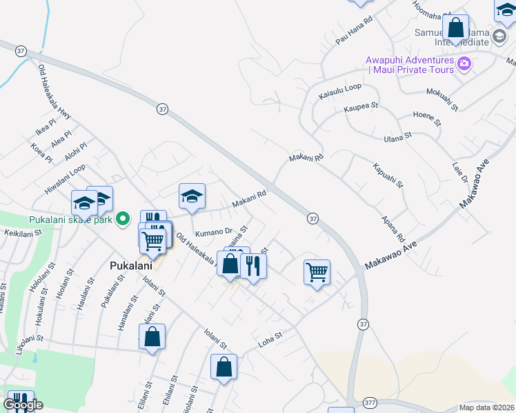 map of restaurants, bars, coffee shops, grocery stores, and more near 116 Tam Yau Place in Makawao