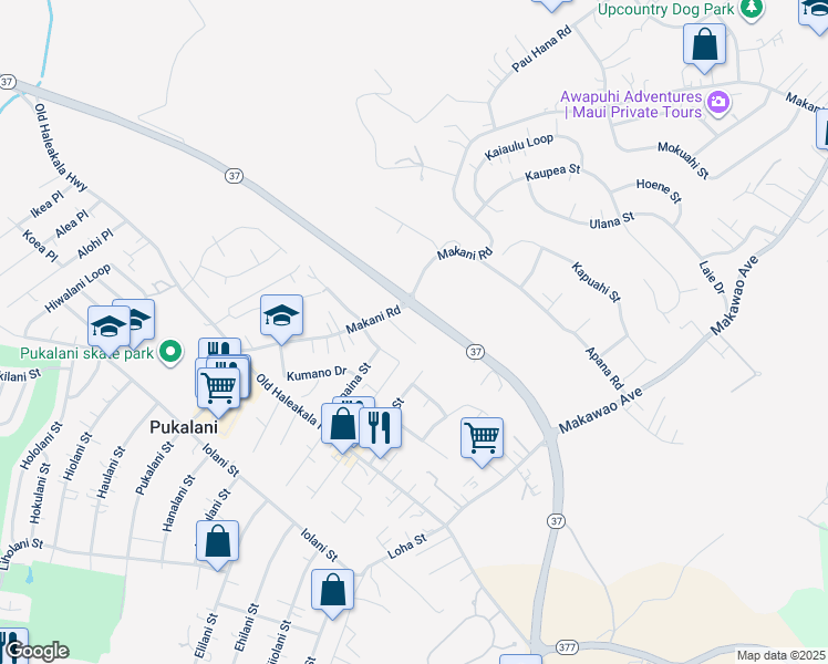 map of restaurants, bars, coffee shops, grocery stores, and more near 143 Tam Yau Place in Makawao